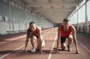 A young woman and young man in the starting position for a marathon
