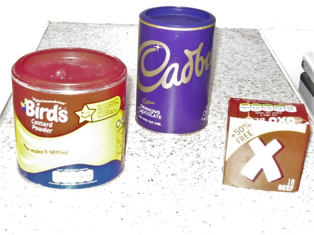 Photo of Bird's custard powder, Cadbury's drinking chocolate and Oxo cubes