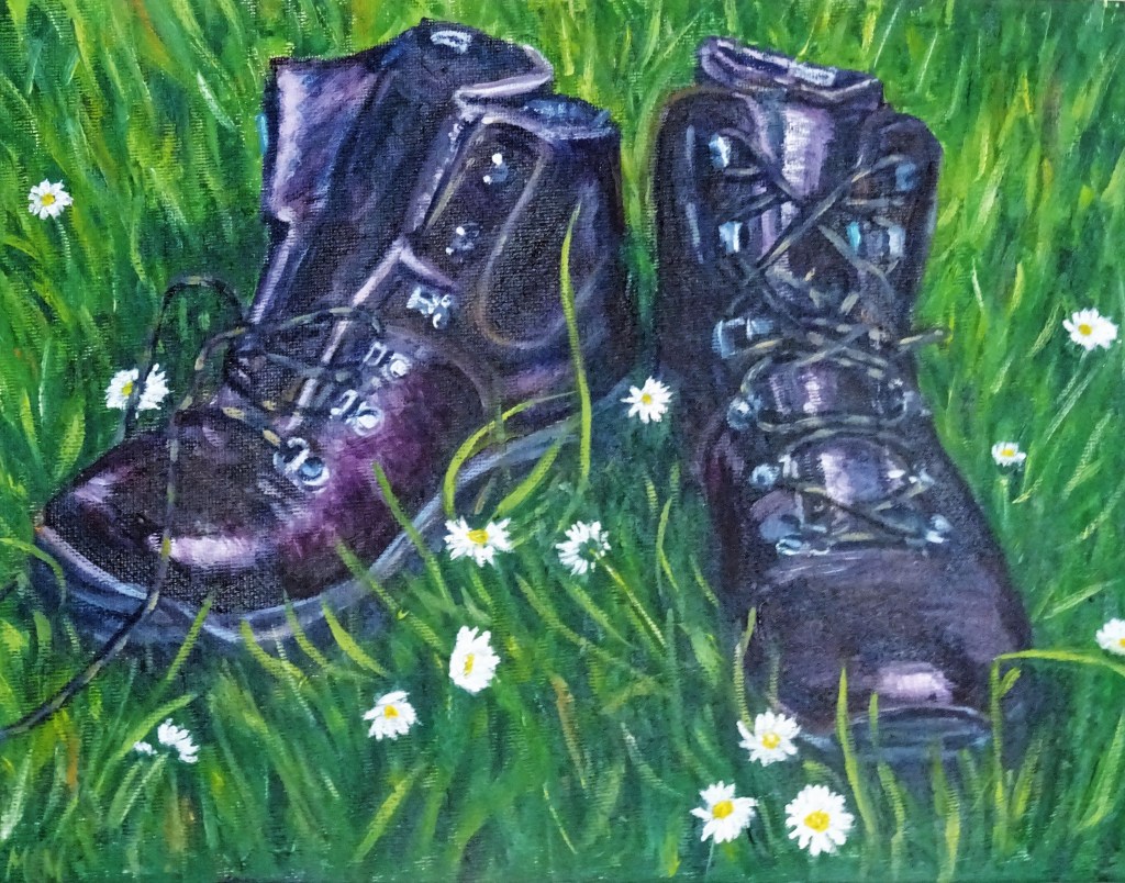 Painting of the new, shiny brown boots on long grass with daisies.  One has its laces undone. 