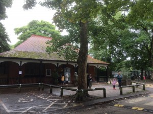 View of Longford cafe amidst the trees.  There is a short queue of people wearing raincoats at the hatch.