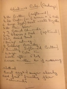 A handwritten recipe for Audrey's Christmas cake, with a list of all the ingredients and the method