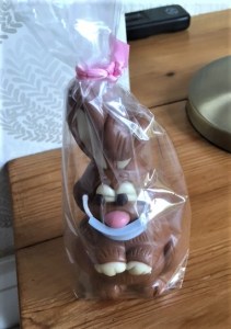 A cute chocolate rabbit wrapped in cellophane tied with a pink bow at the top. The rabbit has large white eyelids, button eyes and a pink nose, partially covered by a blue safety mask.