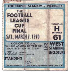 Tony's  ticket for "The Football League Cup Final" in the West Standing Enclosure, on Saturday, March 7th, 1970 with a kick off at 3.30pm.  The ticket cost ten shillings.