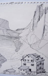 The mountain hut is in the foreground in front of huge mountains, drawn in black and white on a sketch pad