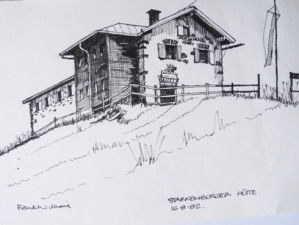 A black and white drawing of the view looking up at the mountain hut with shutters on the windows and flowers in window boxes.  