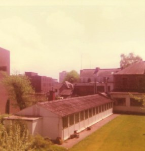 A view of a single-storey, long building alongside a lawn.  Behind are several other buildings and several trees.