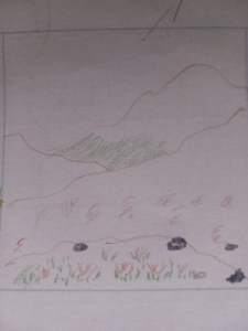 A sketch of mountains with flowers in the foreground.