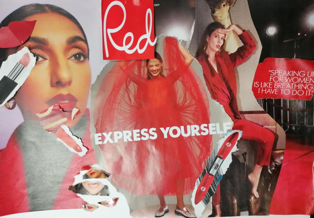 A collage of magazine photographs of women wearing red clothes, red lipstick and the word Red.  Also two cut-outs of words "Speaking up for women is like breathing, I have to do it" and "Express Yourself"