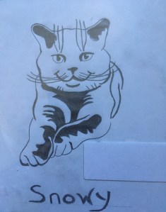 A drawing of the cat as if it was looking at you and smiling, with front paws outstretched.