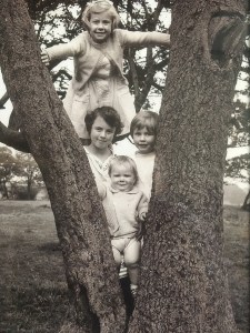 The trunk of the tree divides into two low down. The children are arranged in the V shape it forms, the youngest boy at the bottom, two sisters side by side and Margaret with her hands outstretched above them, leaning on the two trunks.