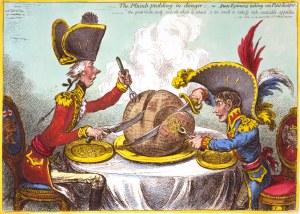 The caption to the cartoon is "The plumb pudding is in danger."  Napoleon and William Pitt are carving a plum pudding in the shape of the globe, with knives and forks.  Pitt's slice is considerably larger than Napoleon's. 