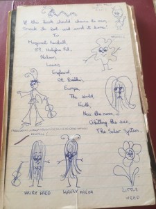 The words on the image are "If this book should chance to roam, smack its bot and send it home! to
Margaret Kendall
89 Halifax Rd,
Nelson,
Lancs,
England,
Gt Britain,
Europe,
The World,
Earth,
Near the moon,
Orbitting the sun,
The Solar System."
It is embellished with doodles including a figure with antennae wearing bell bottomed trousers and carrying a guitar