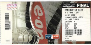 A photograph of Tony's ticket to the Manchester City versus Stoke City football match, 14th May 2011, Kick Off 3.00pm
