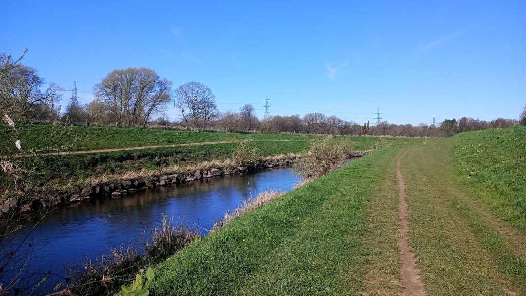A grassy footpath runs alongside a calm river under a clear blue sky. Leafless trees and green banks line the river, with a row of pylons in the distance. The scene is quiet and open, suggesting a peaceful walk through a natural space on a bright spring day.