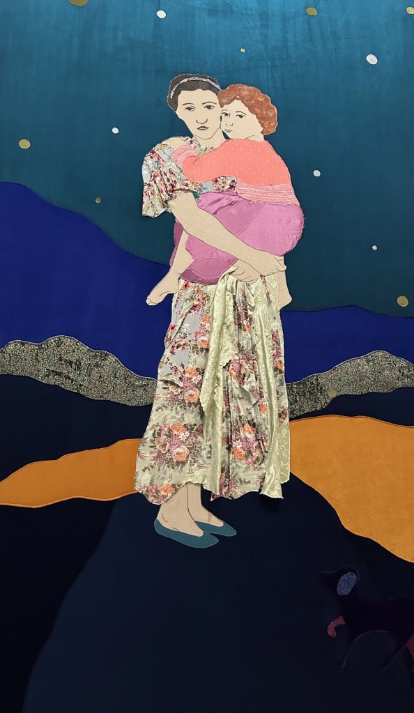 A mother holding a girl in her arms in the countryside, under a starry sky.