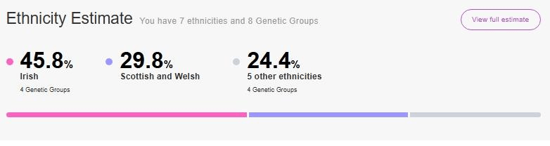 An ethnicity estimate report showing genetic ancestry percentages: 45.8% Irish, 29.8% Scottish and Welsh, and 24.4% from other ethnicities.