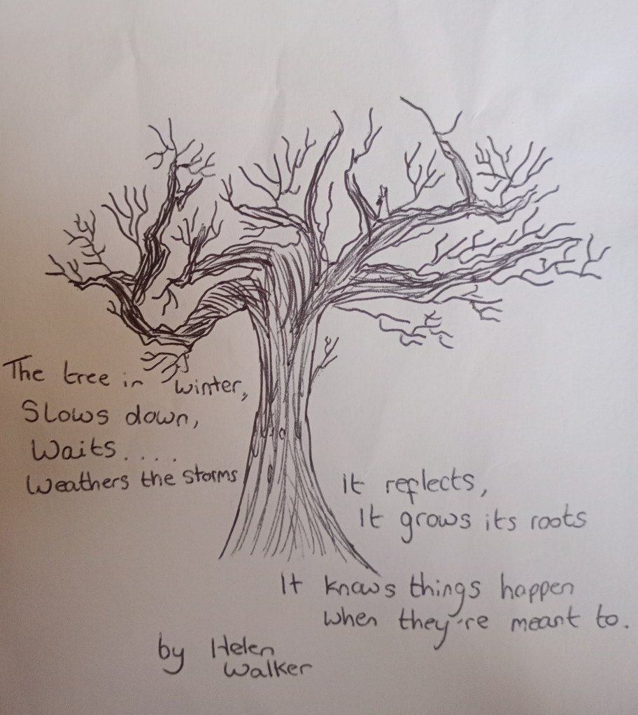 A sketched tree with bare branches, accompanied by lines of poetry reflecting on a tree's slow growth and resilience in winter, attributed to Helen Walker.
