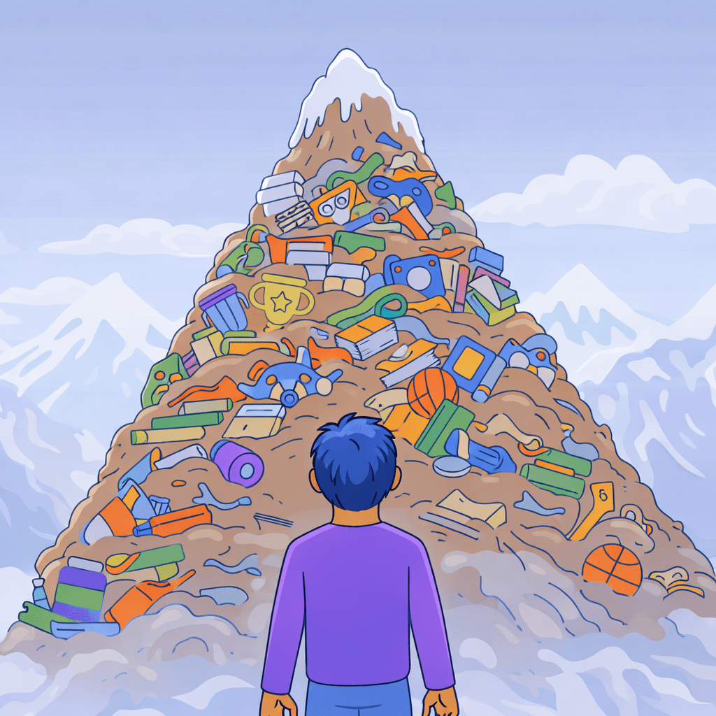 A person stands in front of a mountain of colorful discarded items and toys, set against a backdrop of snowy mountains and blue sky.