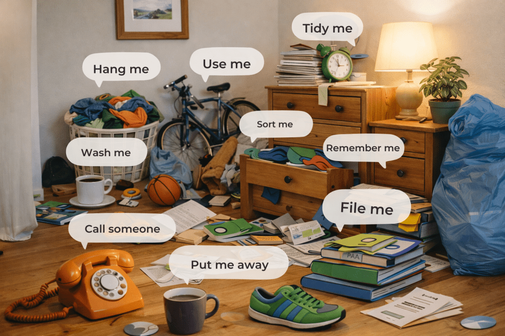 A cluttered room featuring a messy floor with various items like clothes, papers, and a bicycle. Speech bubbles with reminders such as 'Hang me', 'Tidy me', and 'Call someone' are scattered throughout the scene.