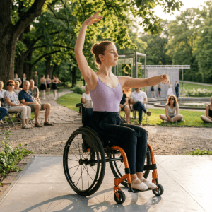 Image description: a ballerina in her wheelchair performing outdoors before an audience in a sunlit park